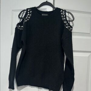 Embellished Black Cold Shoulder Sweater